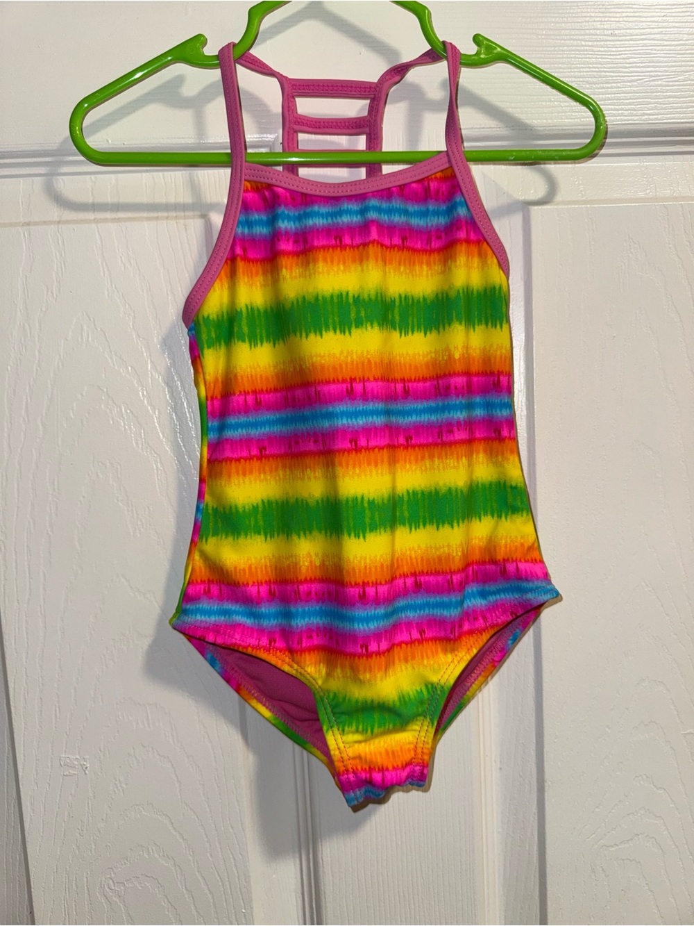 Ingear Rainbow Stripe Girls One-Piece Swimsuit with Pink Trim